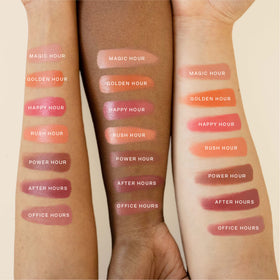 Tower 28 lip swatch on skin showing mauve tint and hydrating wear