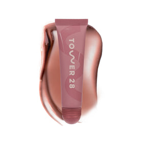 Tower 28 LipSoftie front packaging showing Sugar Plum tint and compact size benefit