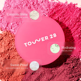 Tower 28 layered over cream blush showing enhanced color payoff and set finish