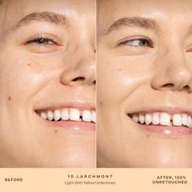 Tower 28 coverage swatches comparing sheer to built-up finish