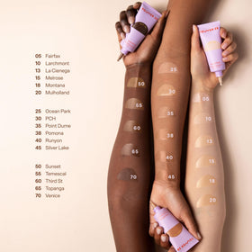 Tower 28 shade 20 swatch on arm indicating light golden neutral undertone match