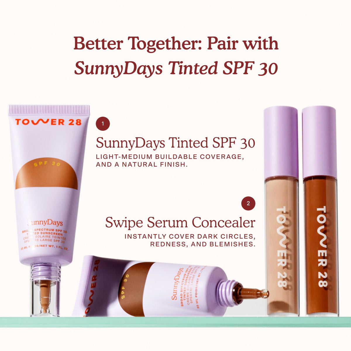 Tower 28 concealer on a vanity demonstrating everyday use and clean beauty style