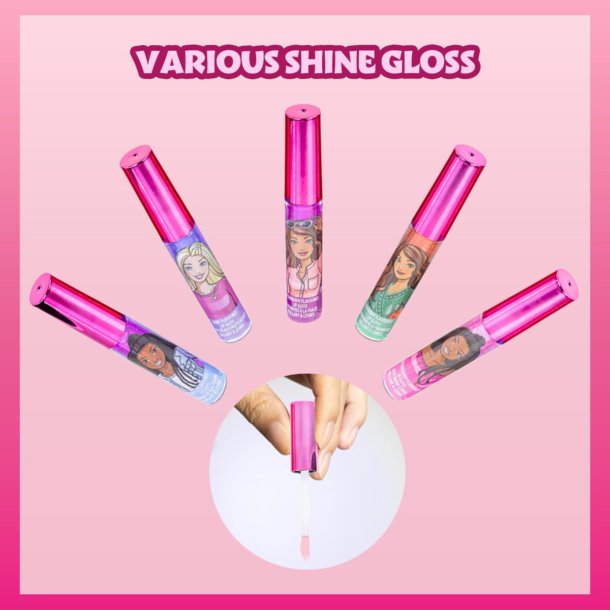 Townley Girl Barbie gloss texture swatches showing glossy moisturizing finish