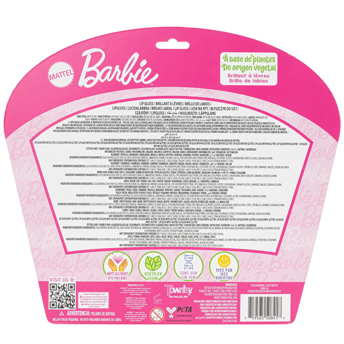Townley Girl Barbie packaging back info listing water-based ingredients
