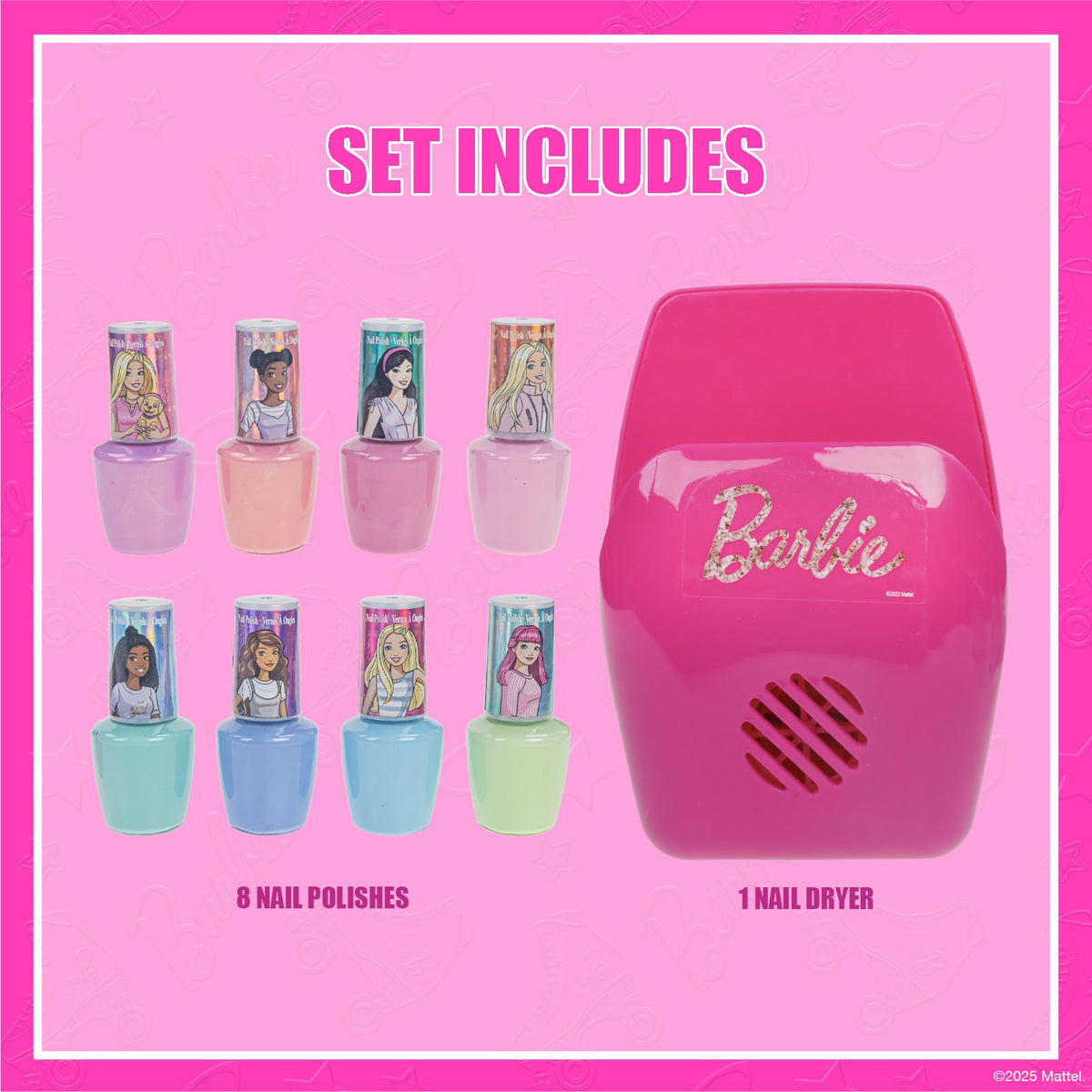 Townley Girl Barbie top view of eight peel-off polish bottles showing shades variety