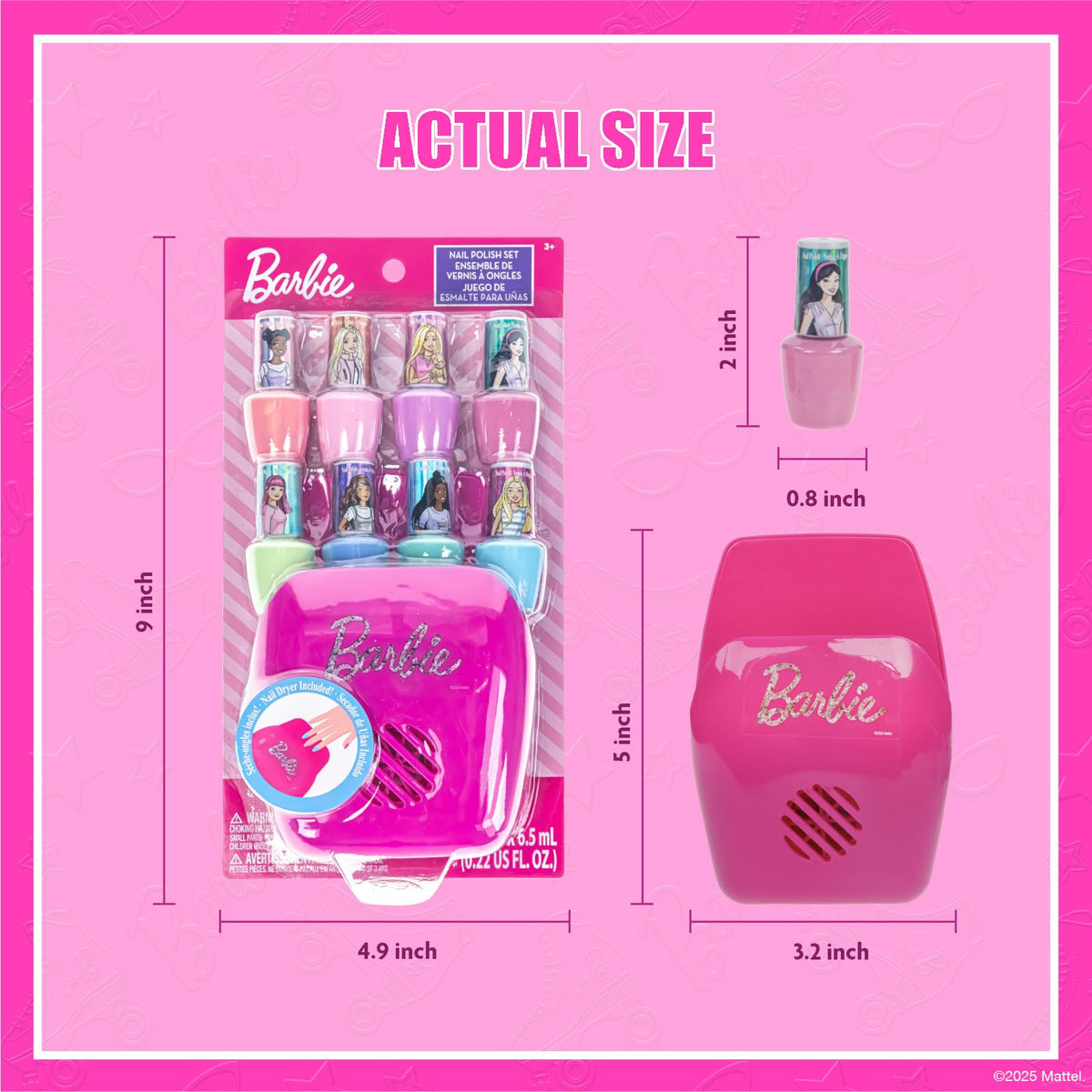 Townley Girl Barbie hand next to polish bottles showing scale and kid-sized design