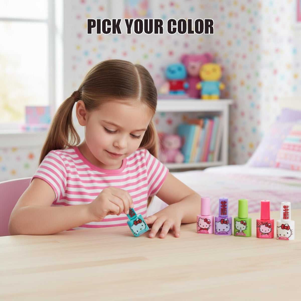 Townley Girl finished manicure on child hands, showcasing vibrant peel-off results
