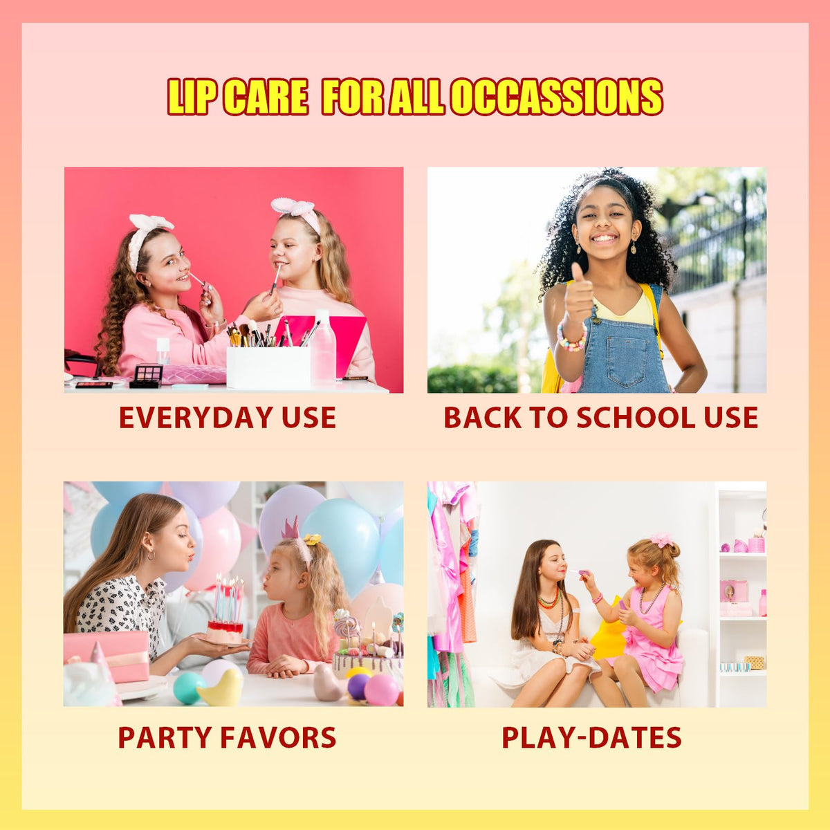 Townley Girl flavor labels and colors displayed to show peach, grape, blueberry and more variety