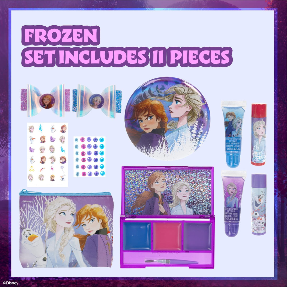 Townley Girl open kit overhead with organized lip glosses and stickers