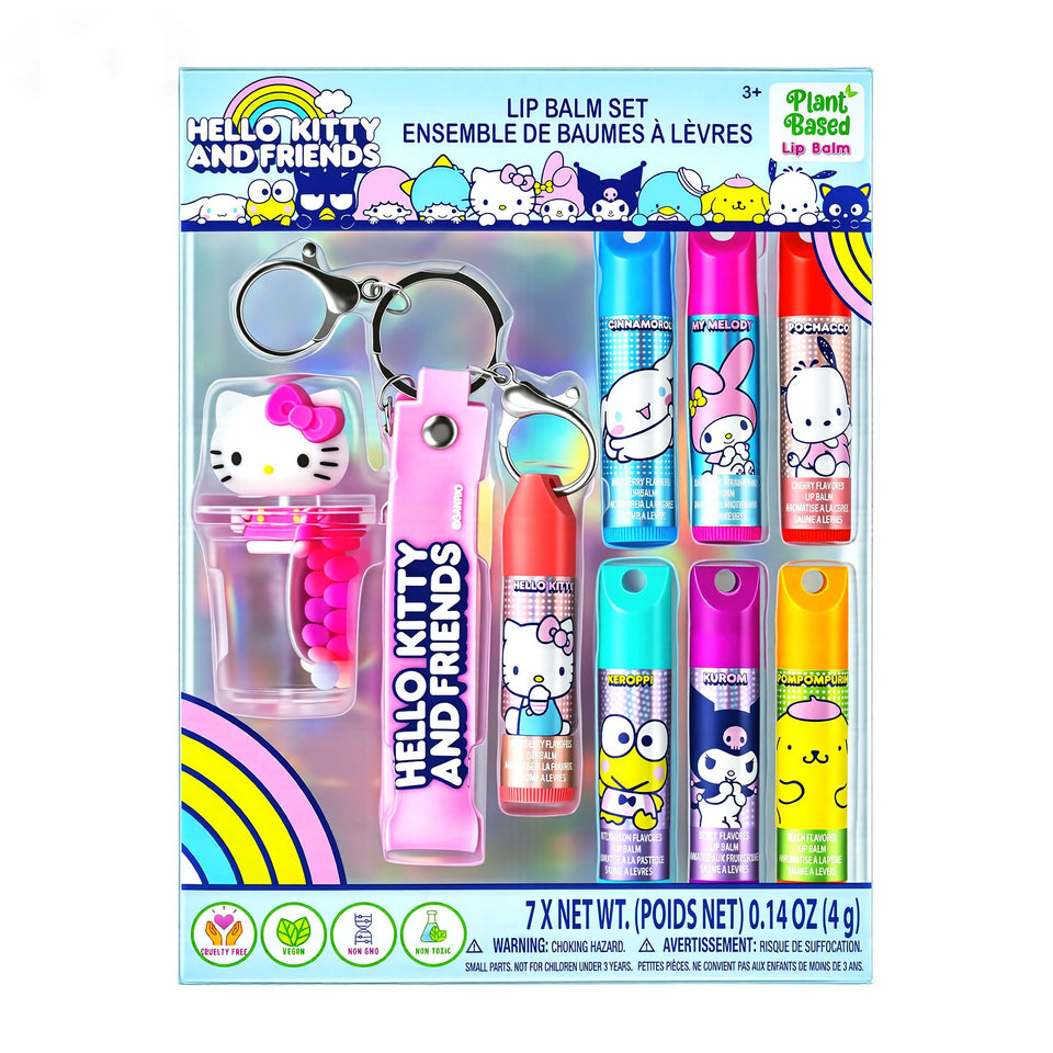Townley Girl front packaging showing seven Hello Kitty lip balms, playful gift appeal