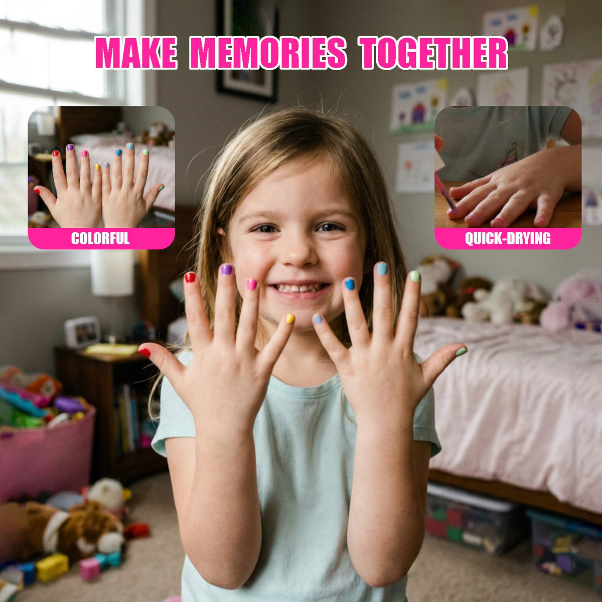 Townley Girl polish on child nails with dryer in background for quick, fun drying