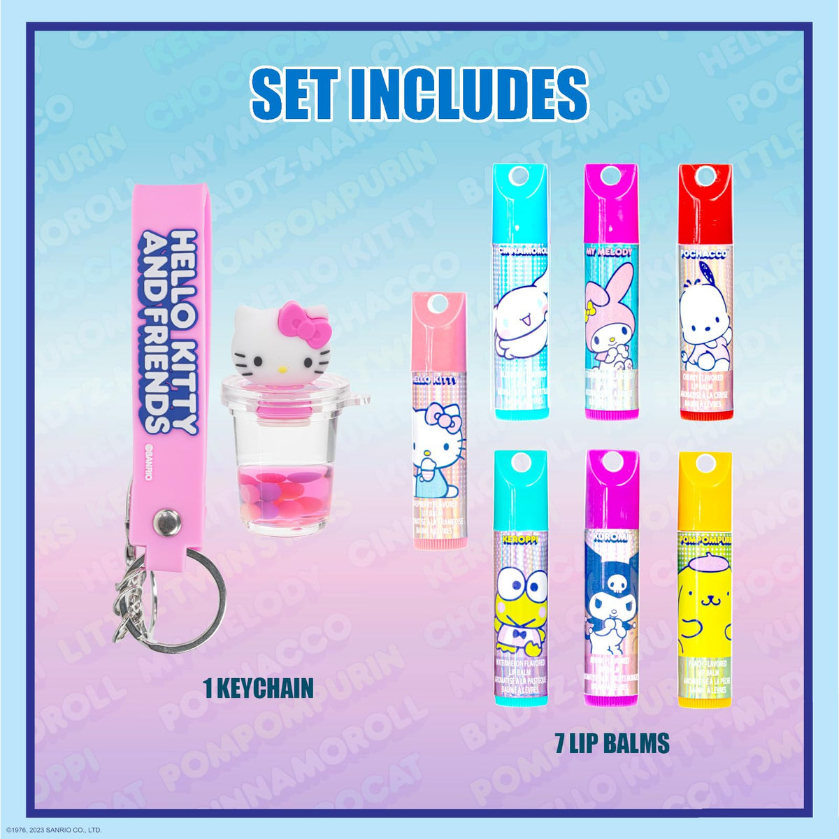 Townley Girl close-up of tube label featuring Hello Kitty art and flavor, collectible charm