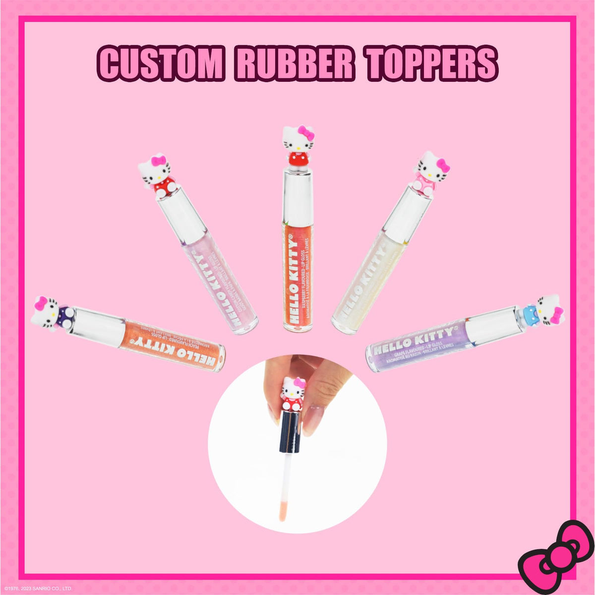 Townley Girl Hello Kitty tubes lined up for scale showing compact size and party-ready quantity