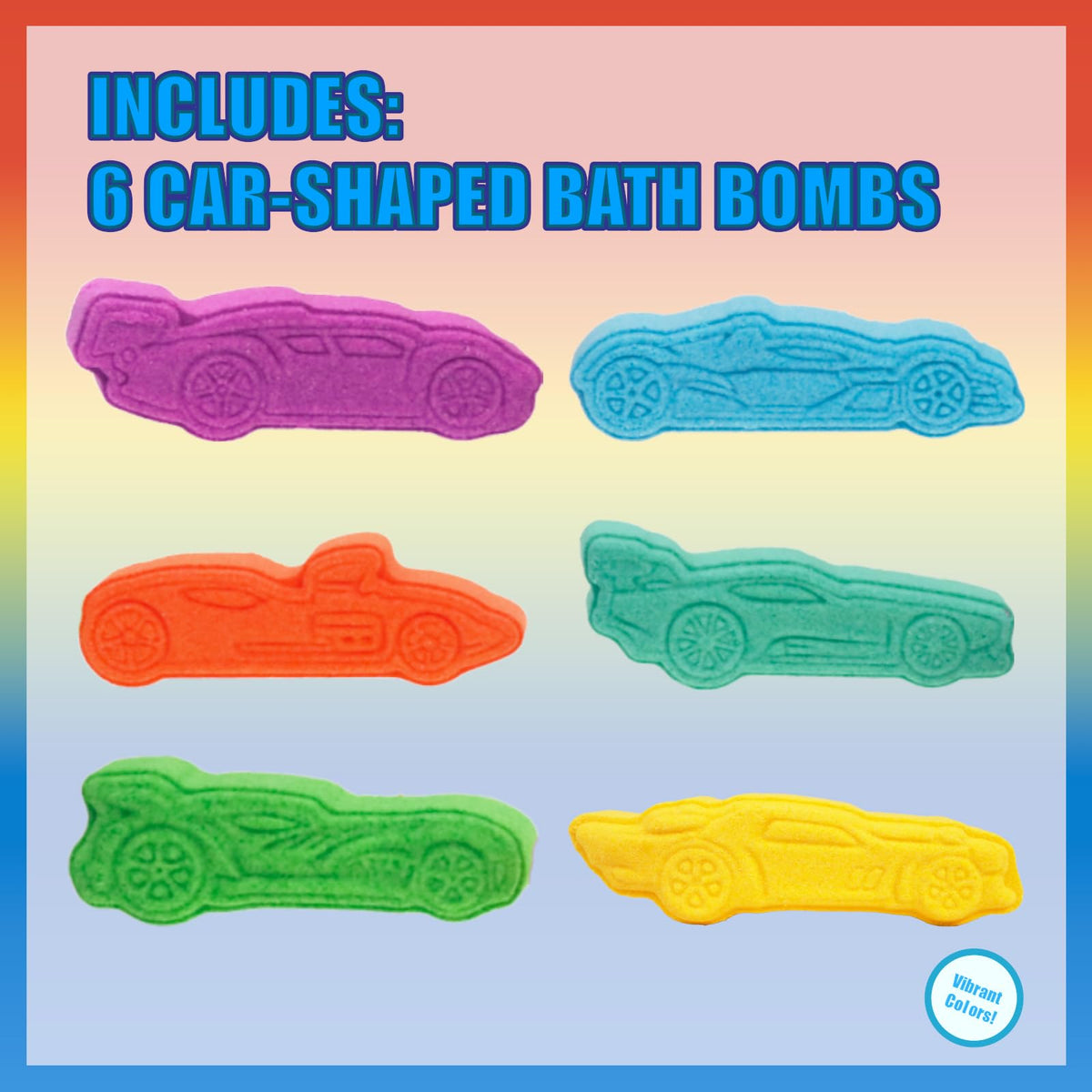 Townley Girl six car-shaped bath bombs arranged to show variety and play value