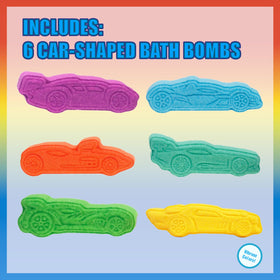 Townley Girl six car-shaped bath bombs arranged to show variety and play value