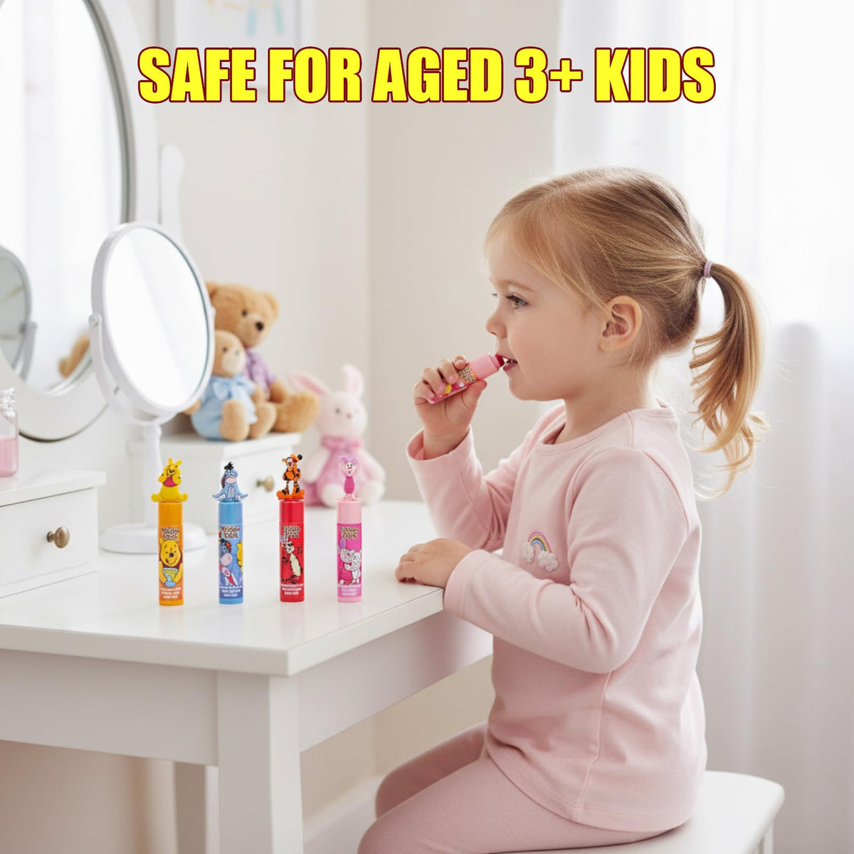 Townley Girl lip balm held in child hand for scale showing compact, child-friendly size