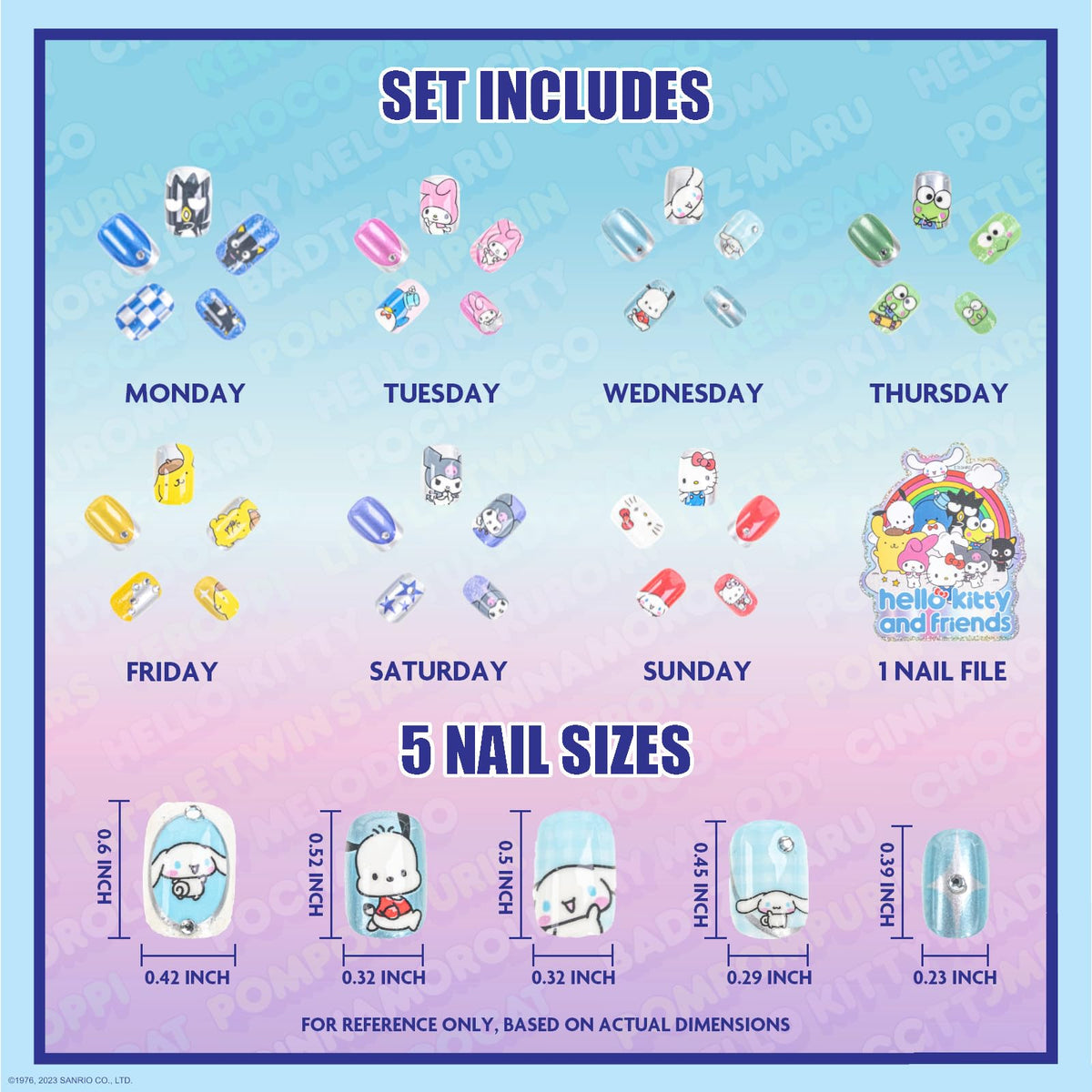 Townley Girl close-up of nail tips displaying colorful Hello Kitty character designs