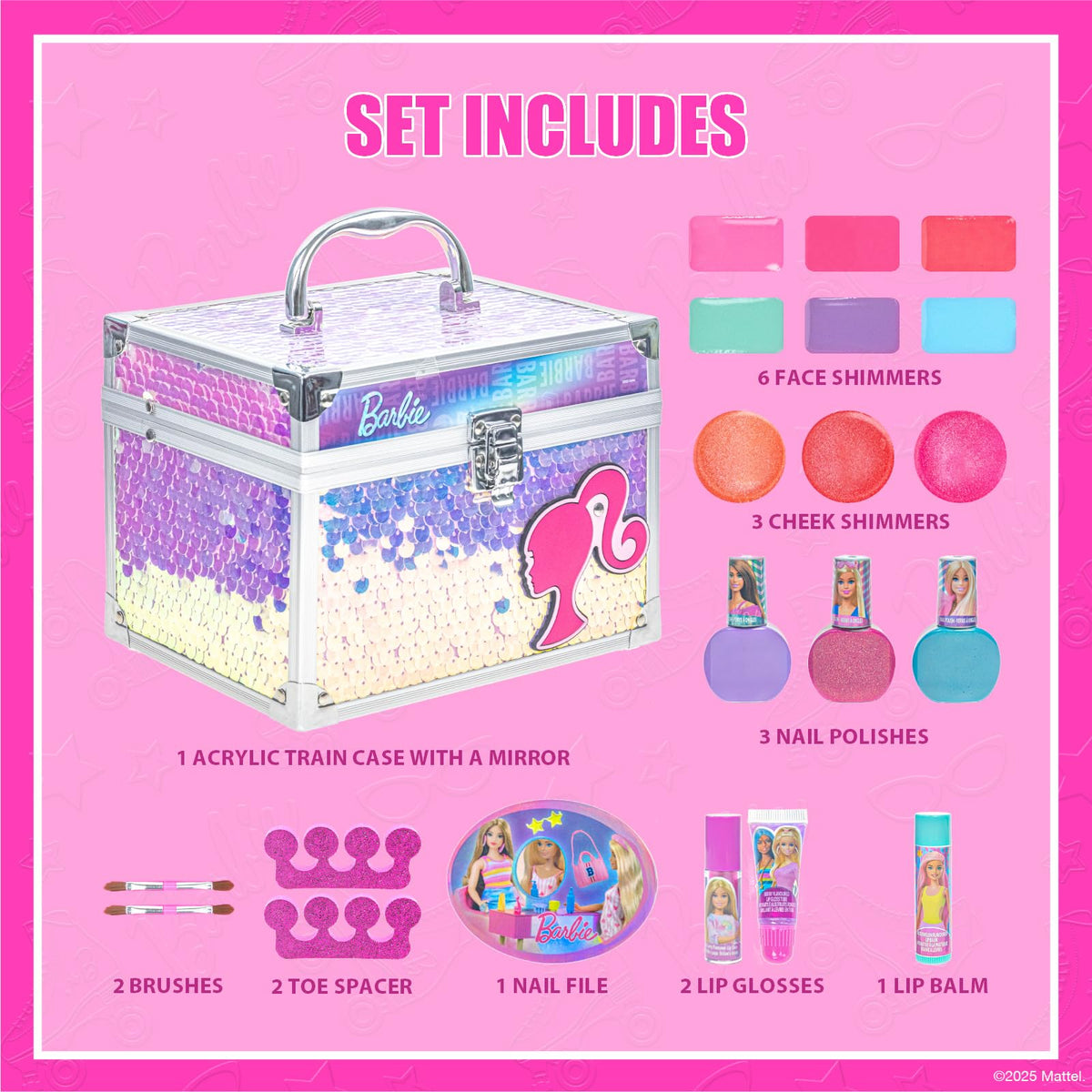 Townley Girl open train case with all makeup pieces for easy storage