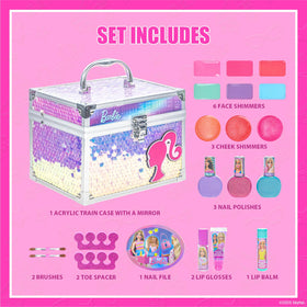 Townley Girl open train case with all makeup pieces for easy storage