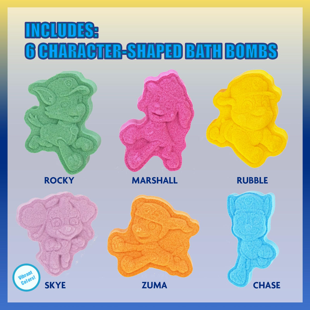 Townley Girl six bath bombs displayed, bright characters encourage playful baths