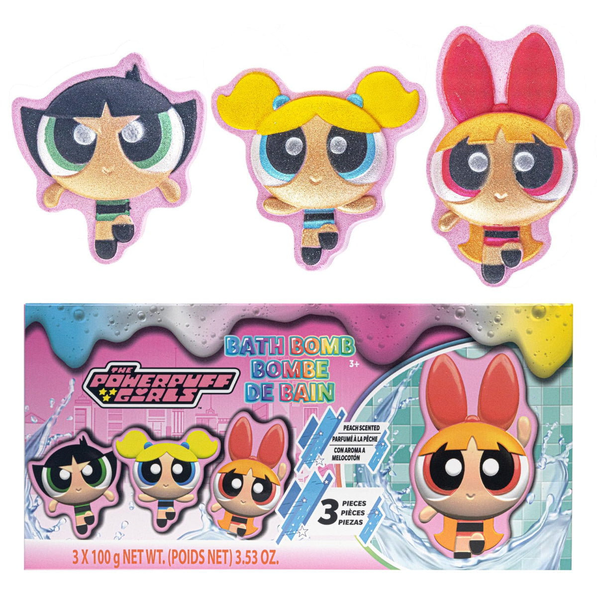 Townley Girl front packaging showing three peach-scented bath bombs and vibrant branding
