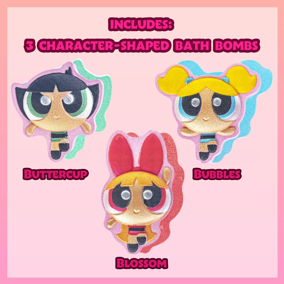 Townley Girl top view of three Powerpuff Girls bath bombs highlighting colors and shapes