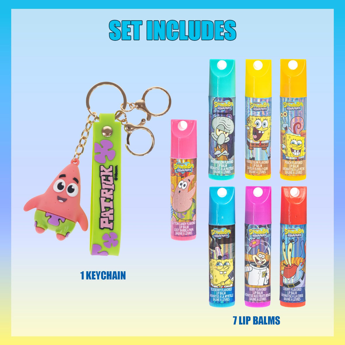 Townley Girl seven colorful lip balm tubes displayed offering scent variety