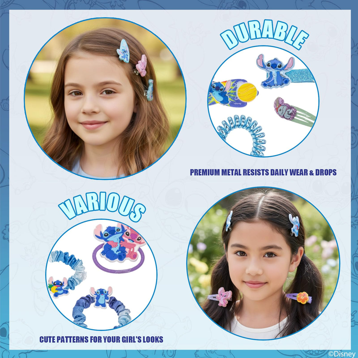 Townley Girl acrylic clips detail holding hair with playful Stitch art