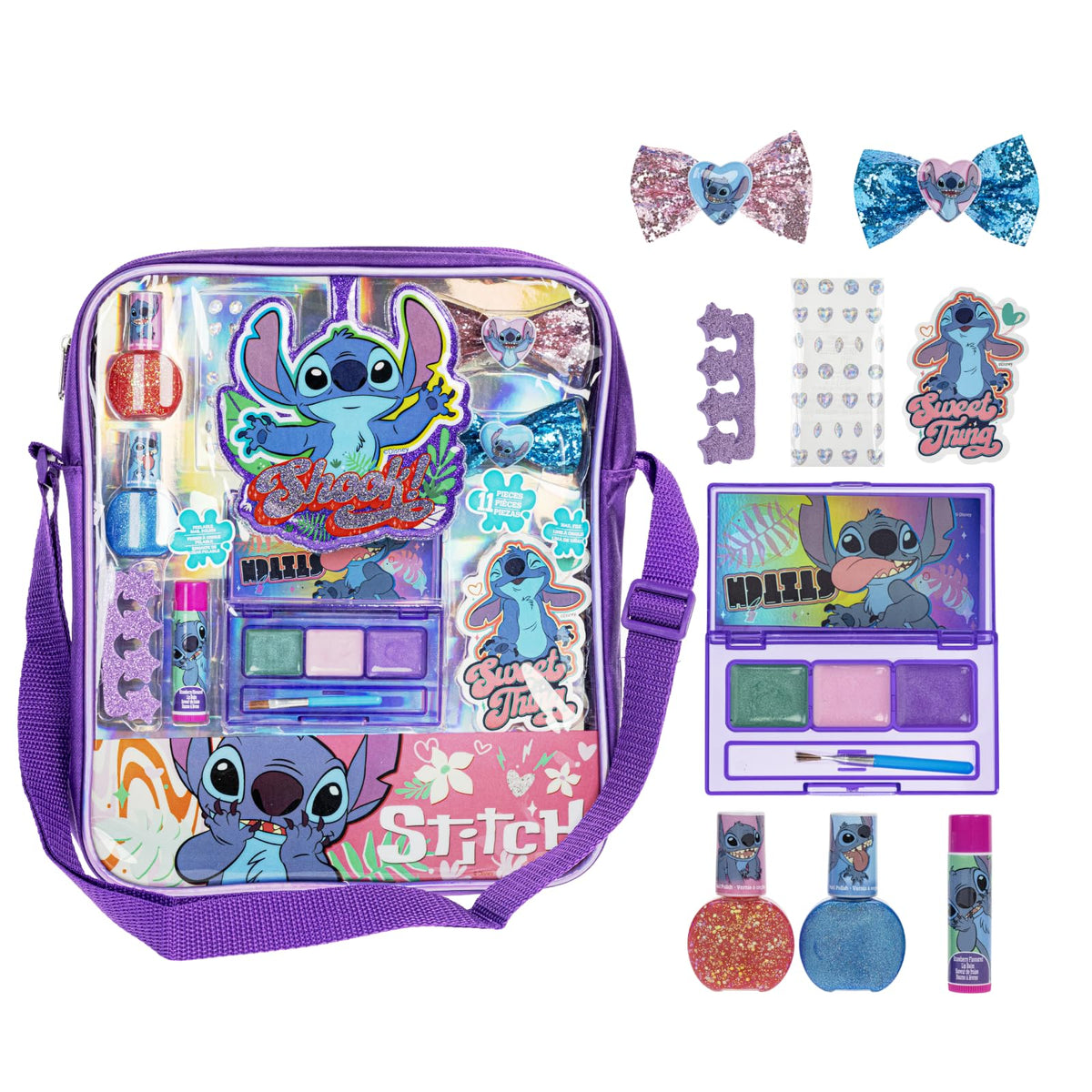 Townley Girl front of satin shoulder bag showing Stitch design and portability benefit