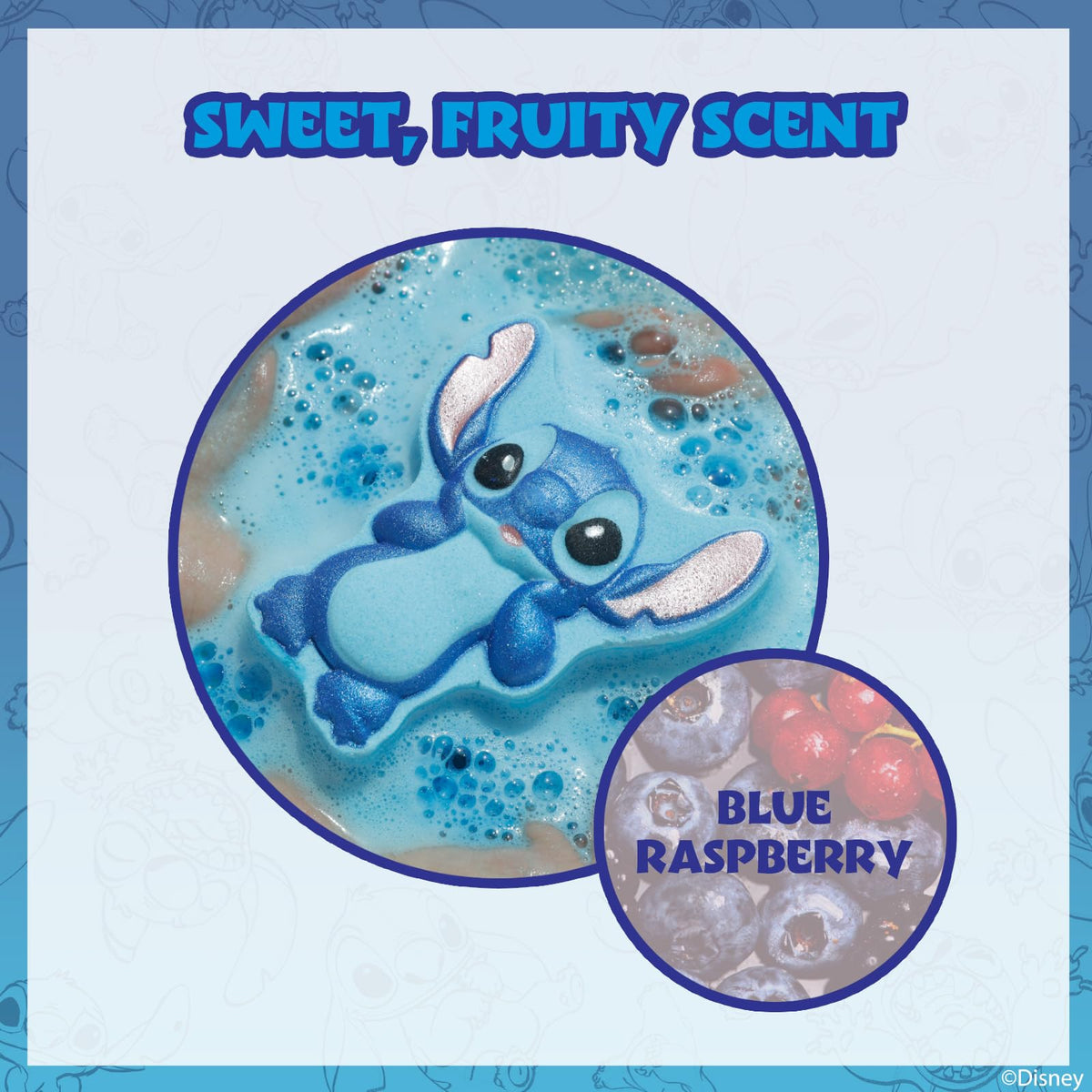 townley girl three bath bombs lined up showing different colors and stitch poses, visual variety