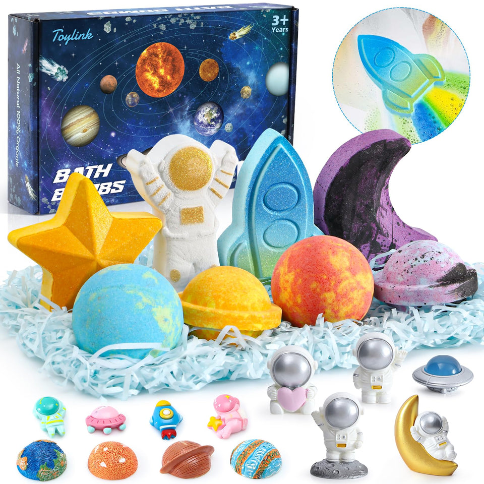 Toylink front packaging showing eight space bath bombs and gift-ready box for easy gifting