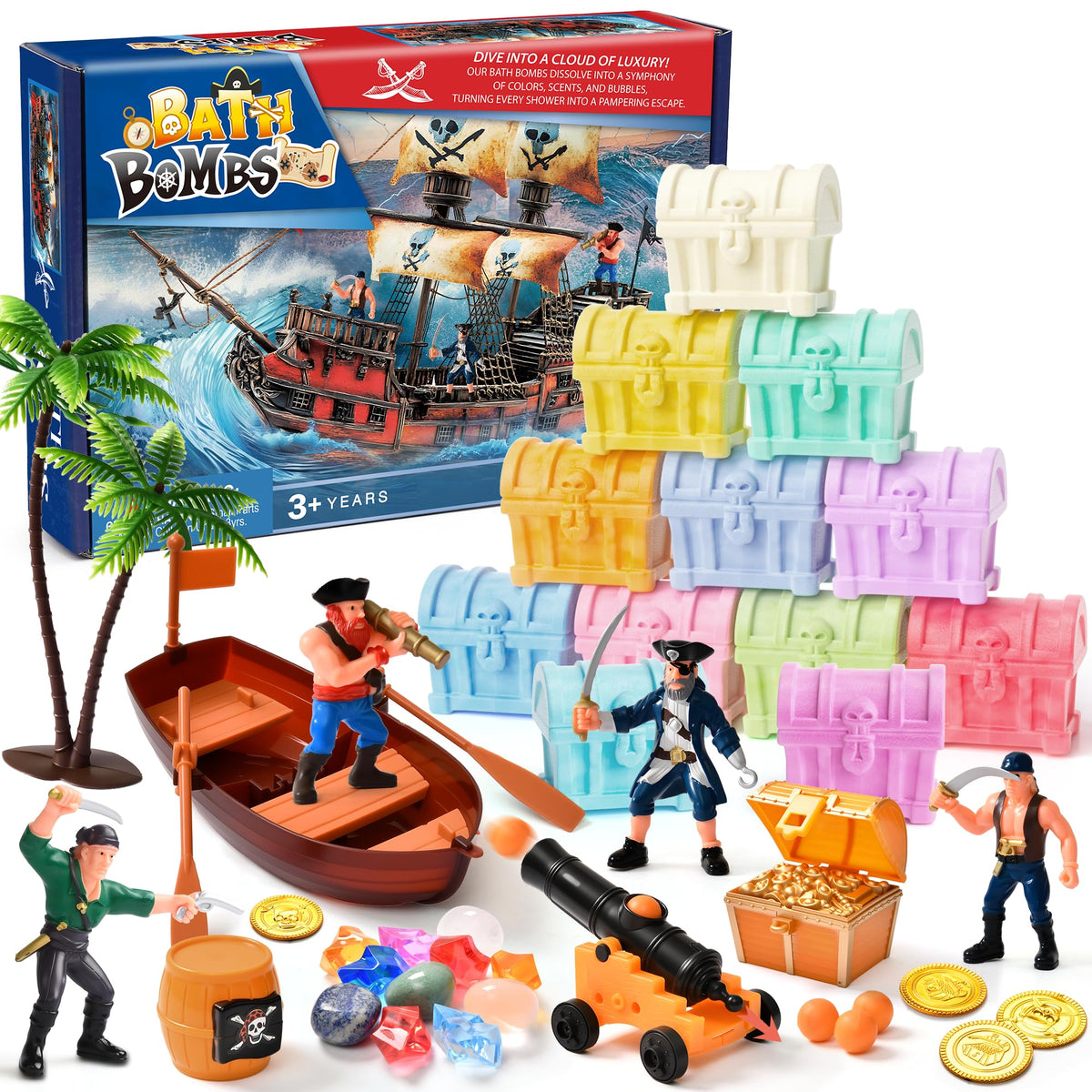 Toylink front packaging showing 12 treasure chest bath bombs and gift box, delighting kids