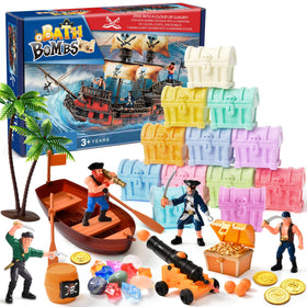 Toylink front packaging showing 12 treasure chest bath bombs and gift box, delighting kids