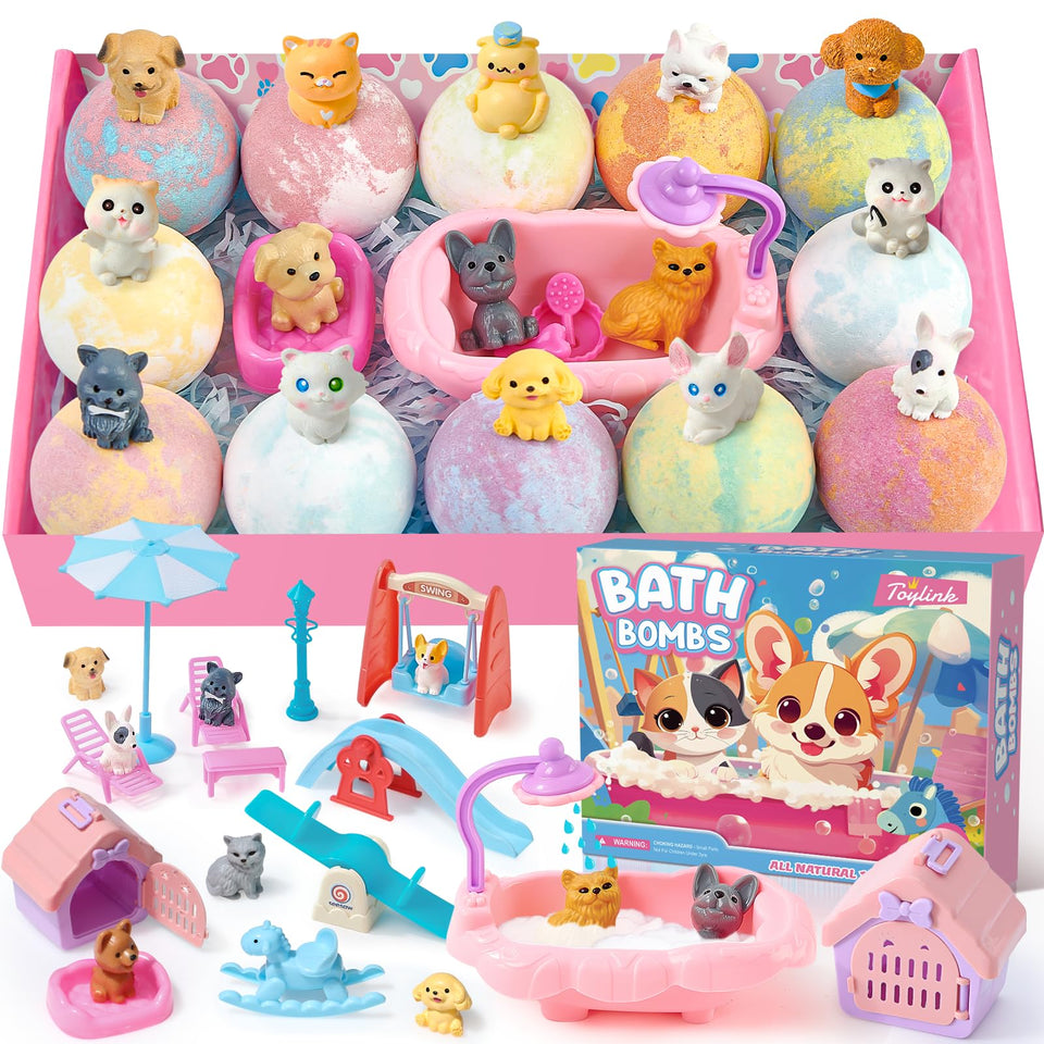 Toylink front packaging box showing 12 colorful bath bombs and gift-ready design