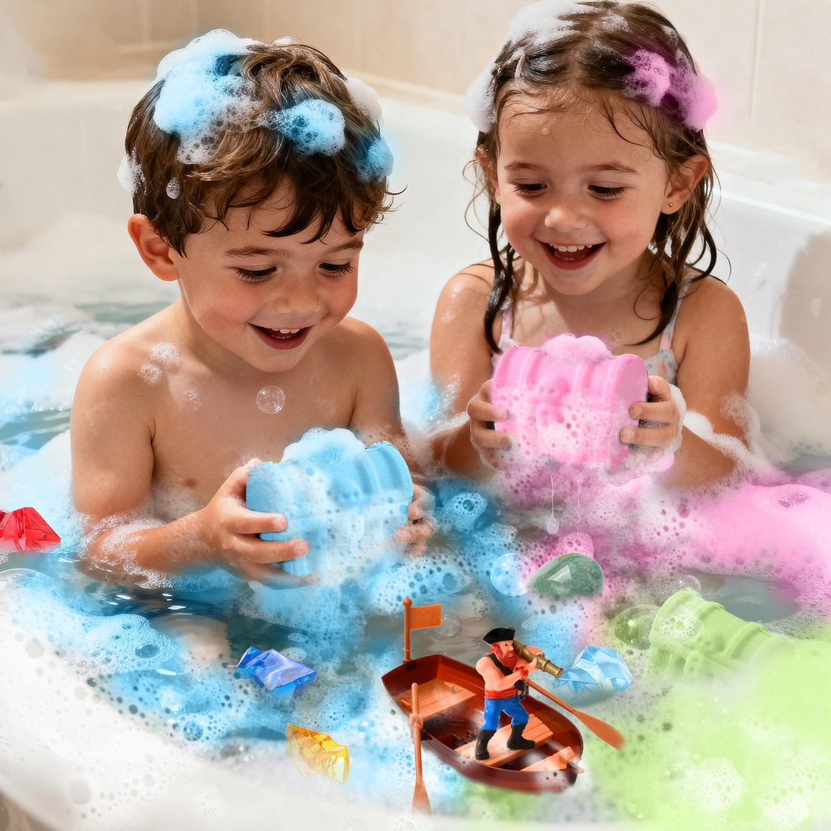 Toylink child retrieving a gem toy from the bath, promoting supervised discovery and joy
