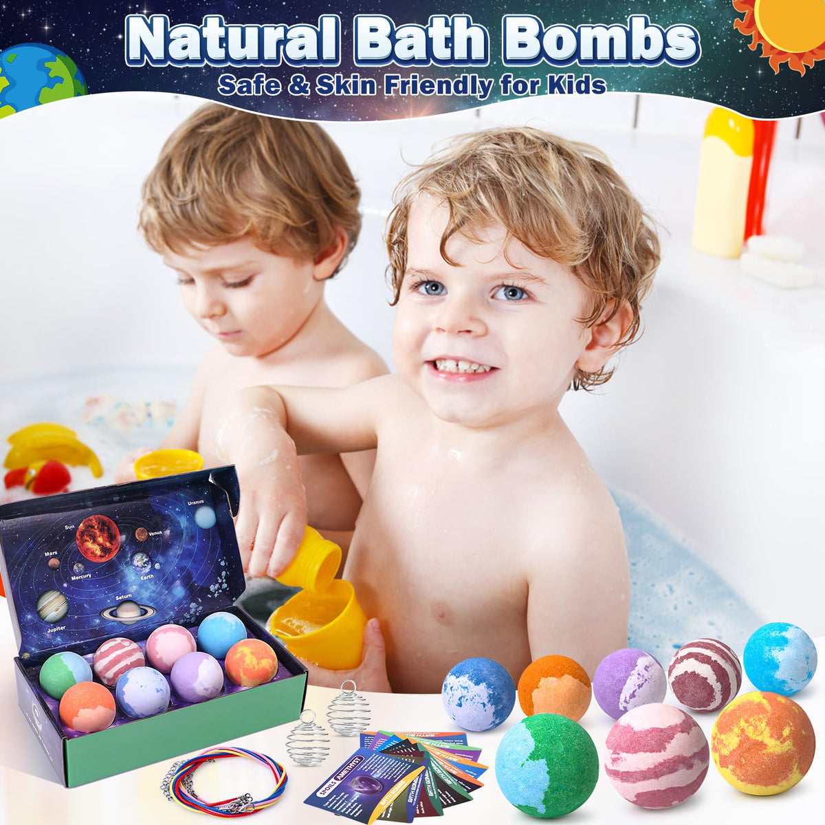 Toylink family bath scene with planets creating sensory colorful bath fun
