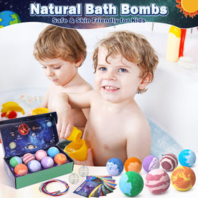 Toylink family bath scene with planets creating sensory colorful bath fun