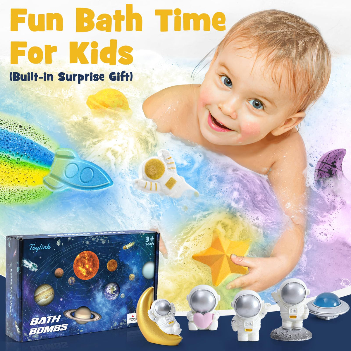 Toylink child enjoying colorful galaxy bath showing safe, playful bath-time experience