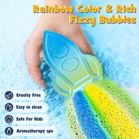 Toylink reveal of surprise space toy emerging from dissolved bath bomb for extra play