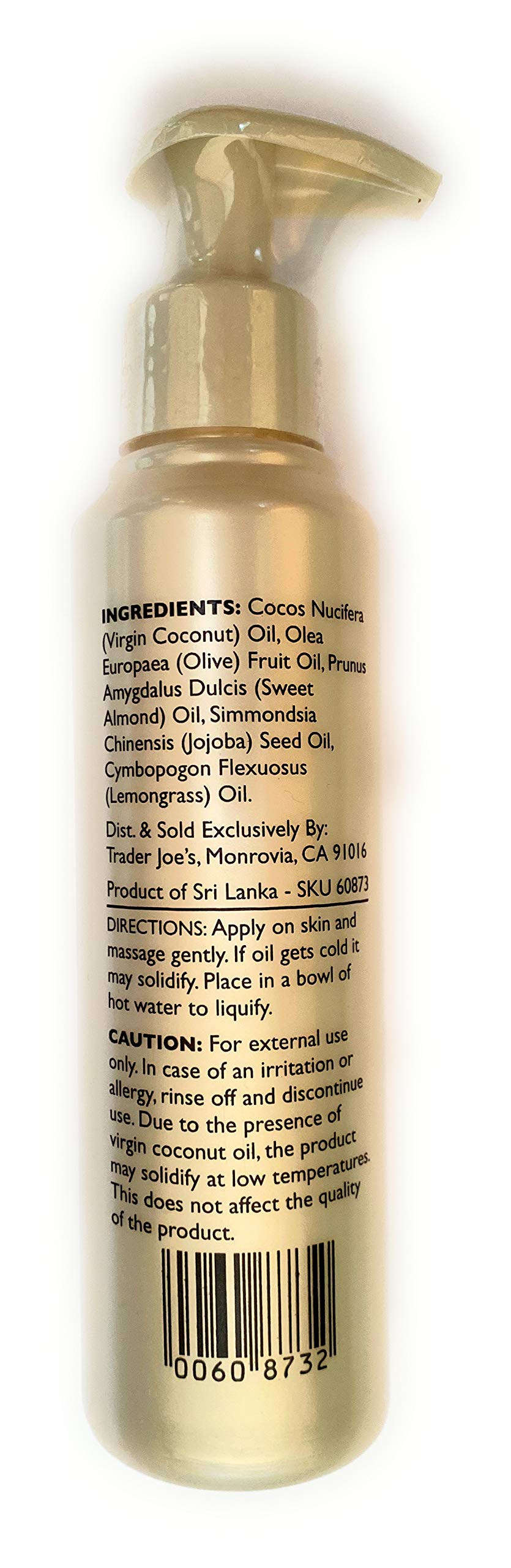 Trader Joe's close-up of pump dispenser and oil texture, demonstrates controlled application