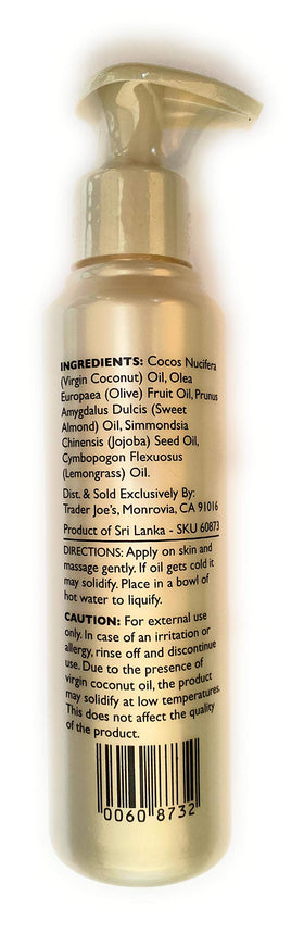 Trader Joe's close-up of pump dispenser and oil texture, demonstrates controlled application