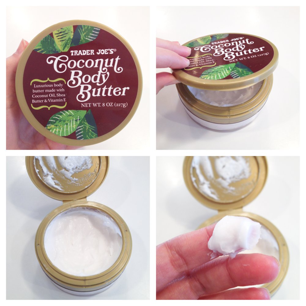 Hand applying Trader Joe's coconut body butter to forearm, demonstrates quick absorption and softening