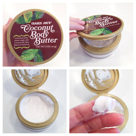 Hand applying Trader Joe's coconut body butter to forearm, demonstrates quick absorption and softening