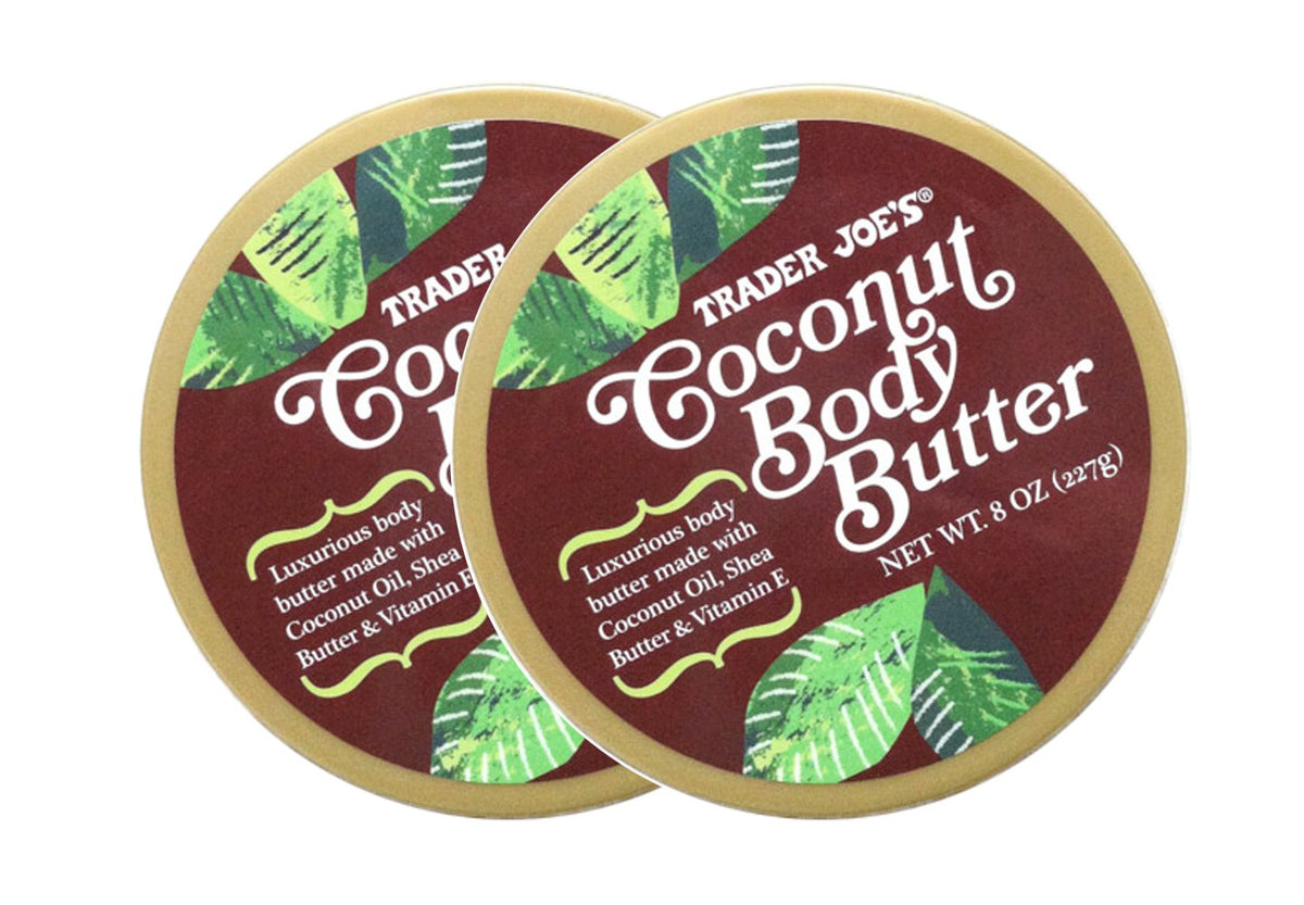 Trader Joe's coconut body butter tub front view showing label and net weight, highlights nourishing formula