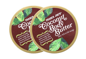 Trader Joe's coconut body butter tub front view showing label and net weight, highlights nourishing formula