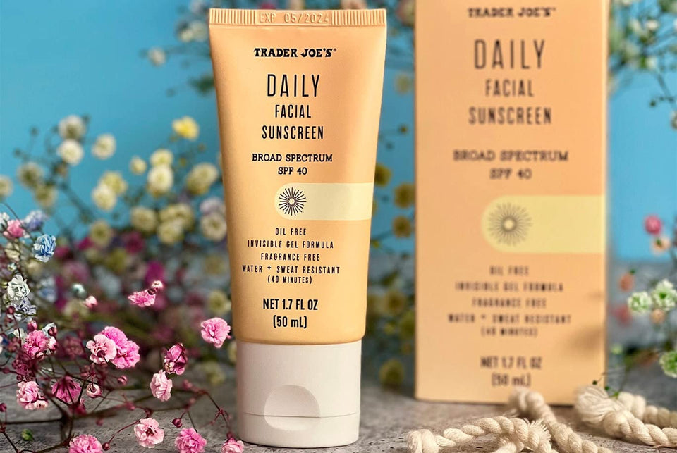 Trader Joe's Fair Trade sunscreen front packaging showing SPF 40 and travel size benefit
