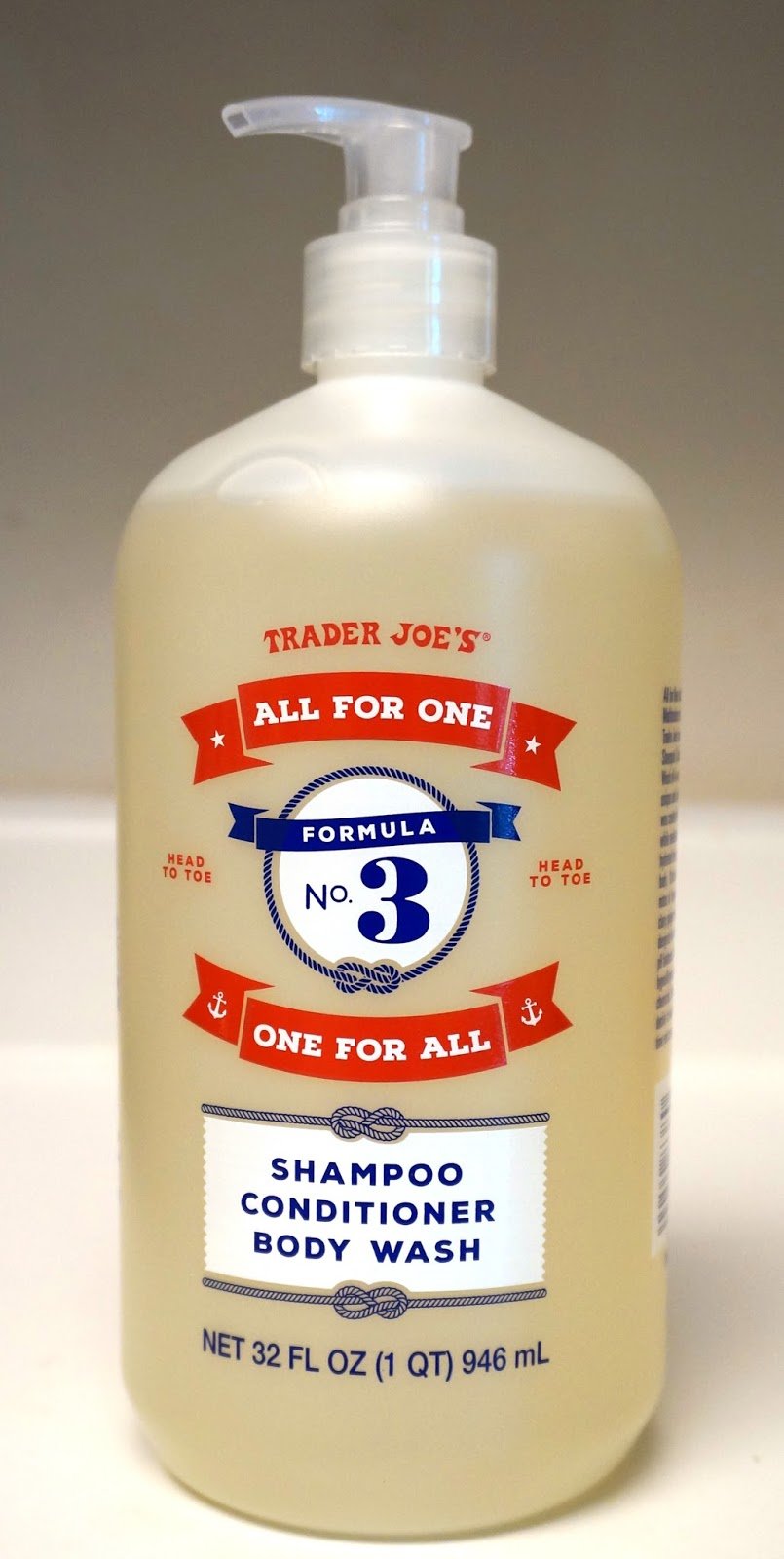Trader Joe's dispenser in shower demonstrating easy single-bottle convenience