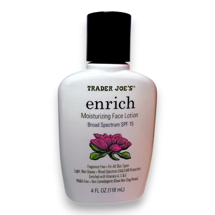 Trader Joe's front label of Enrich Moisturizing Face Lotion showing SPF 15 benefit