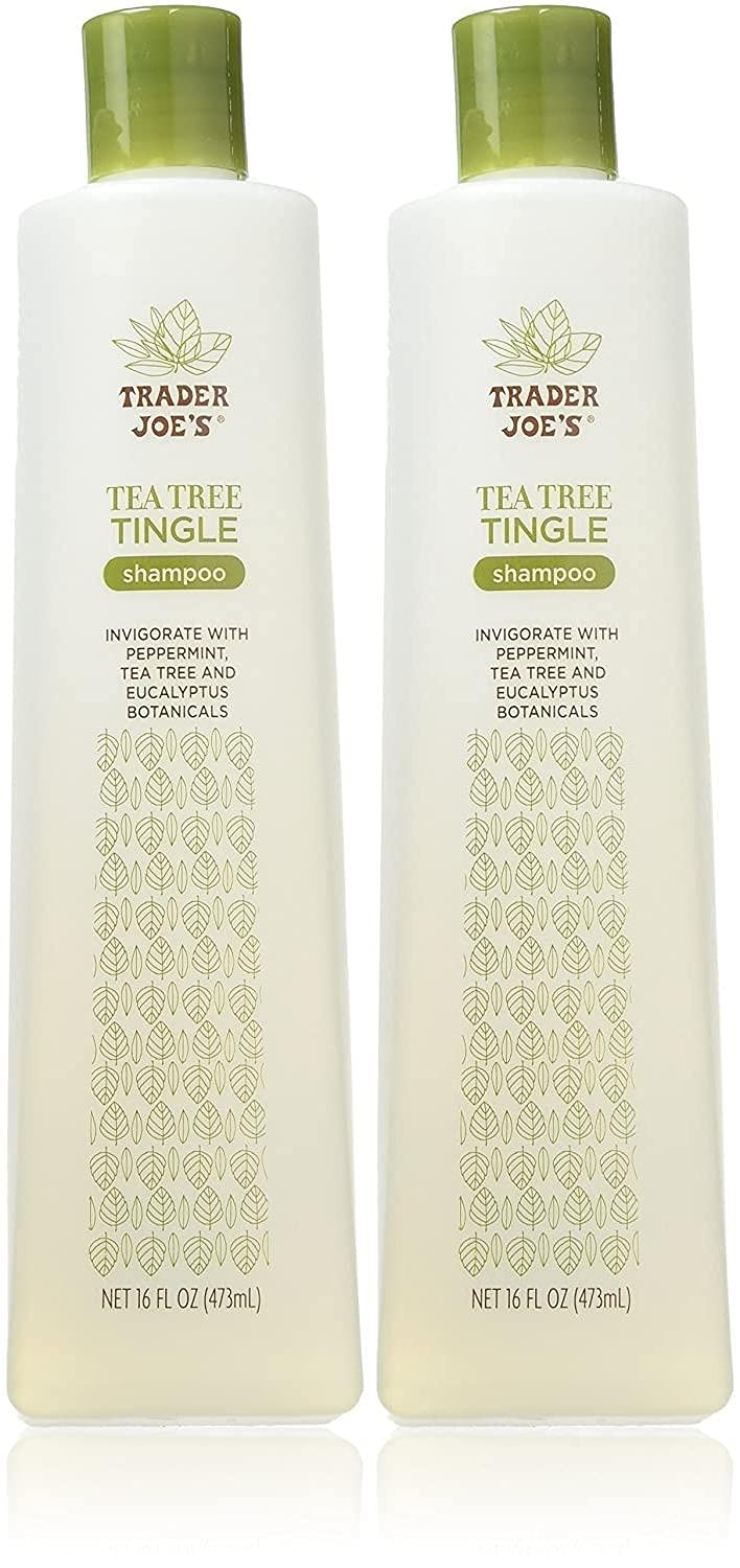Trader Joe's tea tree tingle shampoo front view shows label and cooling botanicals for refreshing cleanse