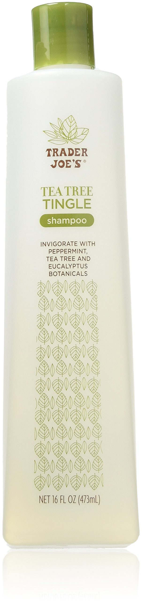 Trader Joe's shampoo front packaging showing label and 16 oz bottle, highlighting refreshing botanicals
